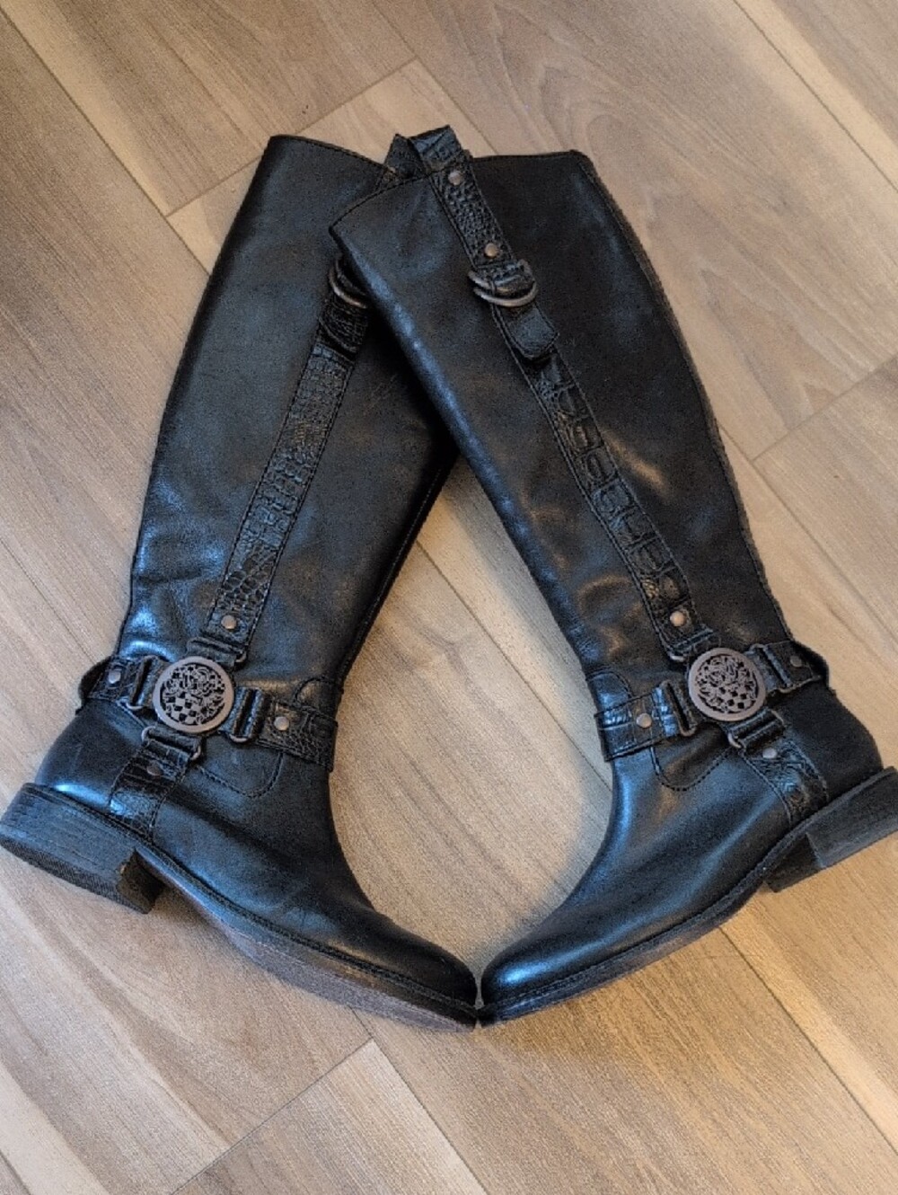 Vince Camuto Black Leather Boot with Textured Heel